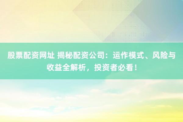 股票配资网址 揭秘配资公司：运作模式、风险与收益全解析，投资者必看！